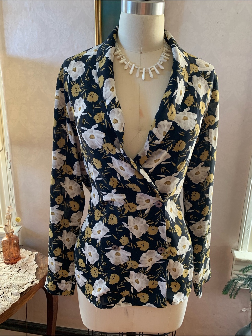 FRNCH Black Floral Top with White & Mustard Blossoms